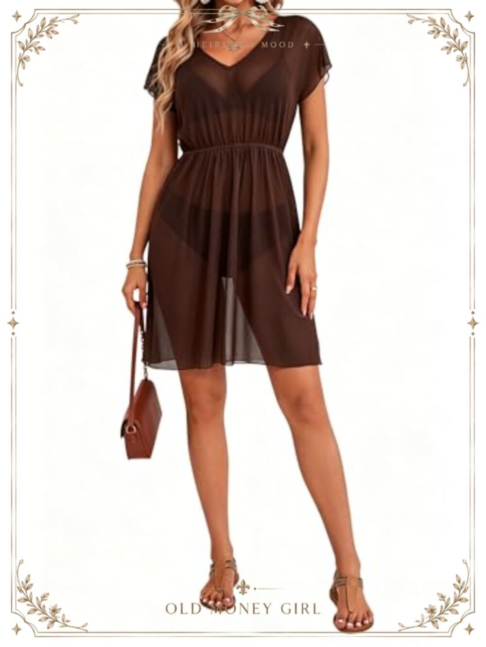 Women Sheer Mesh Chiffon Swim Cover Up Short Sleeve Beach Dress